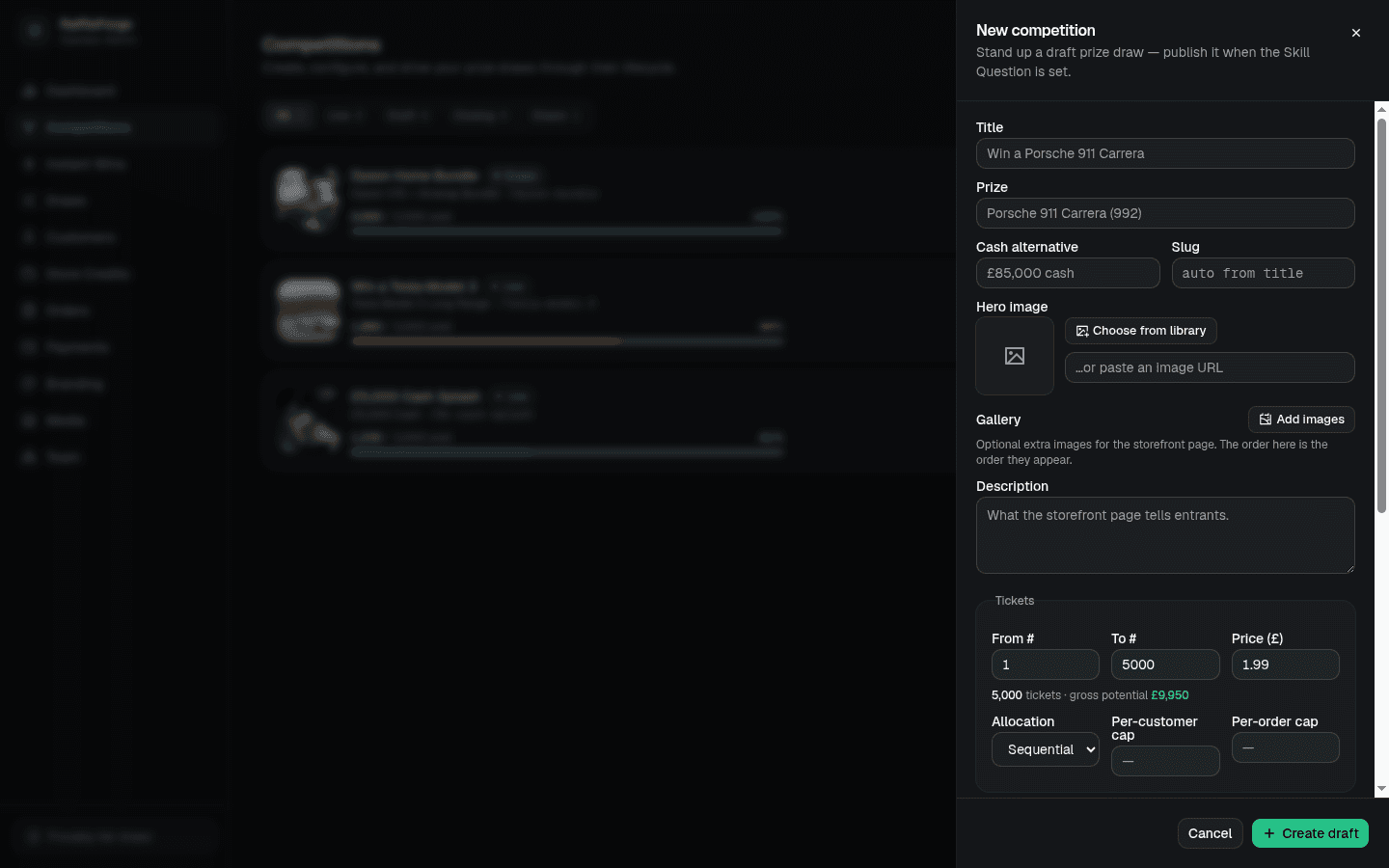 The create-a-draw slide-over drawer with prize, ticket band, allocation and caps fields