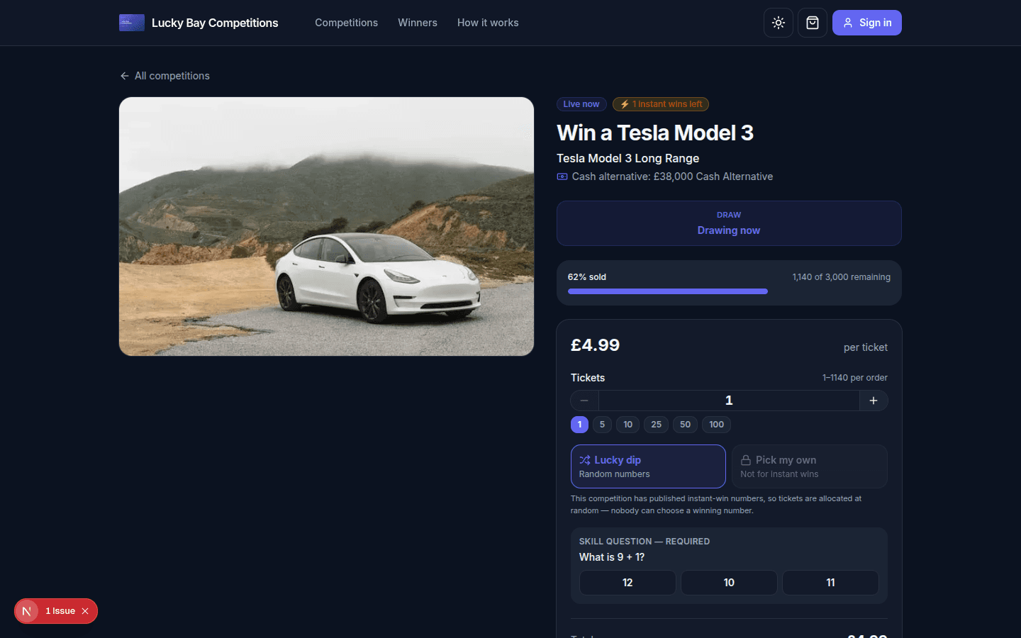 A RaffleForge competition buy page with a ticket picker, instant-win numbers, UK skill question and fairness commitments