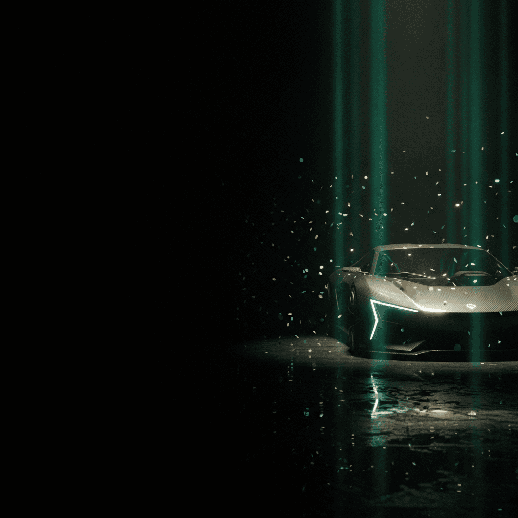 A luxury sports car emerging from darkness under emerald light beams