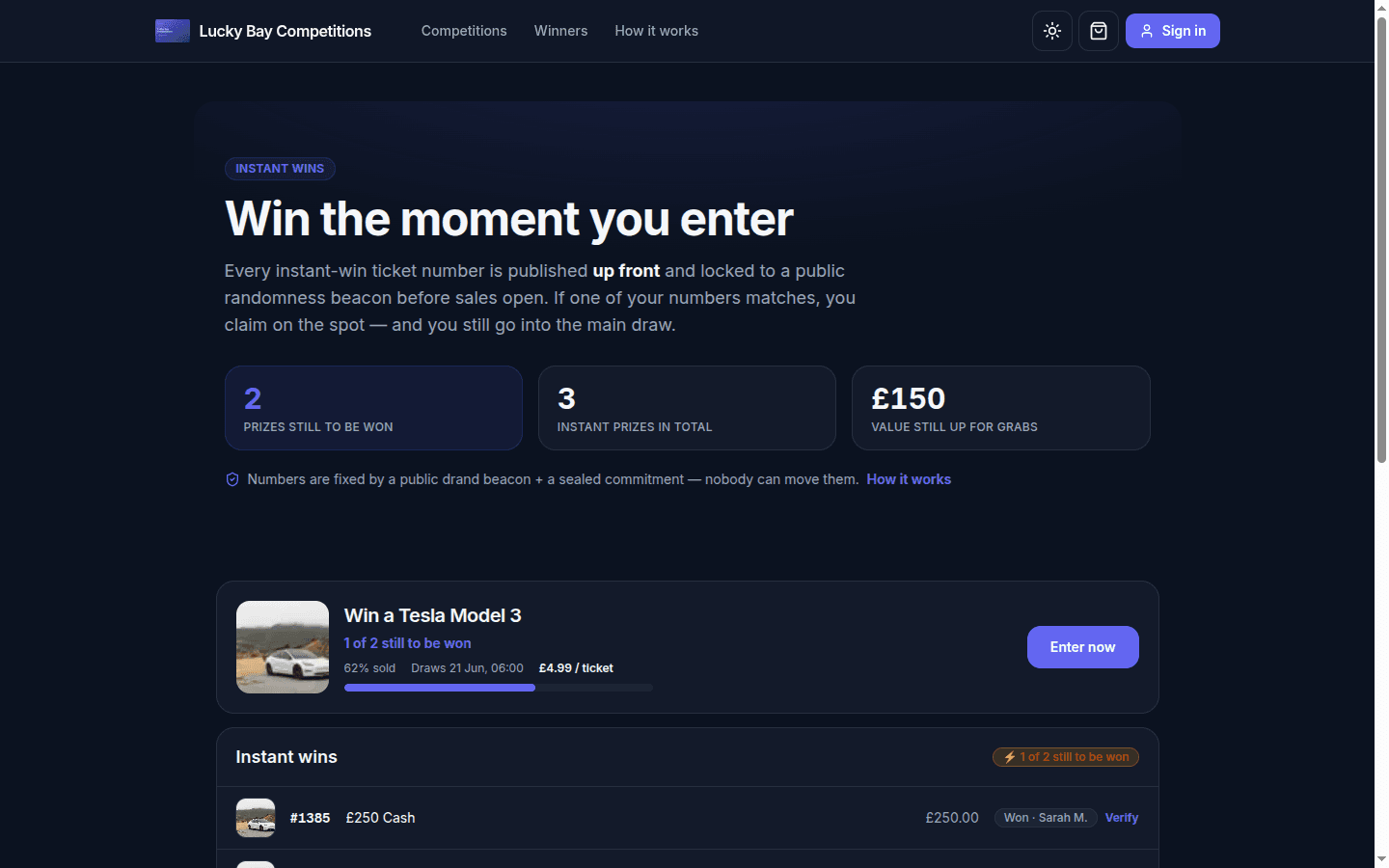 The site-wide instant-wins roll-up page showing prizes still to be won and their value
