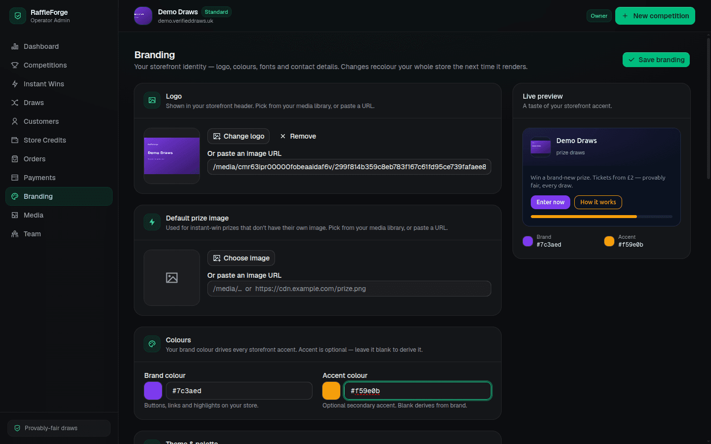 The branding admin page with logo, brand and accent colour pickers and a live storefront preview updating to a violet theme