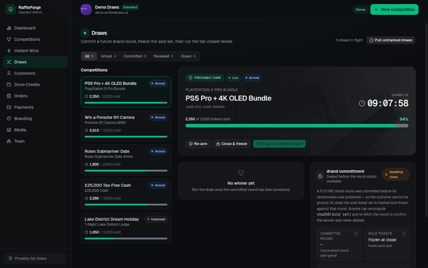 The draws admin page showing an armed PS5 competition, a drand commitment awaiting close, and frozen sold-ticket state