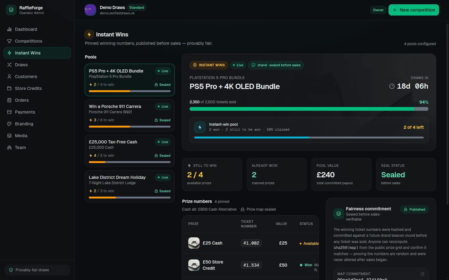 The instant-wins admin page showing a sealed-before-sales pool, a drand commitment, pool value and a table of pinned winning ticket numbers
