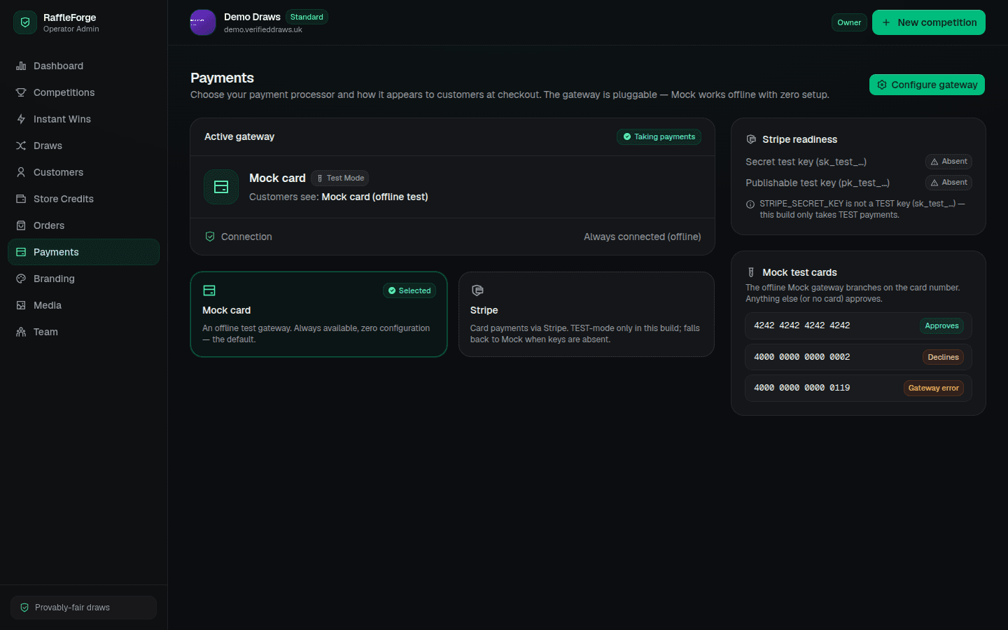 The payments admin page showing an active Mock card gateway, a Stripe readiness panel and mock test cards for approve, decline and error
