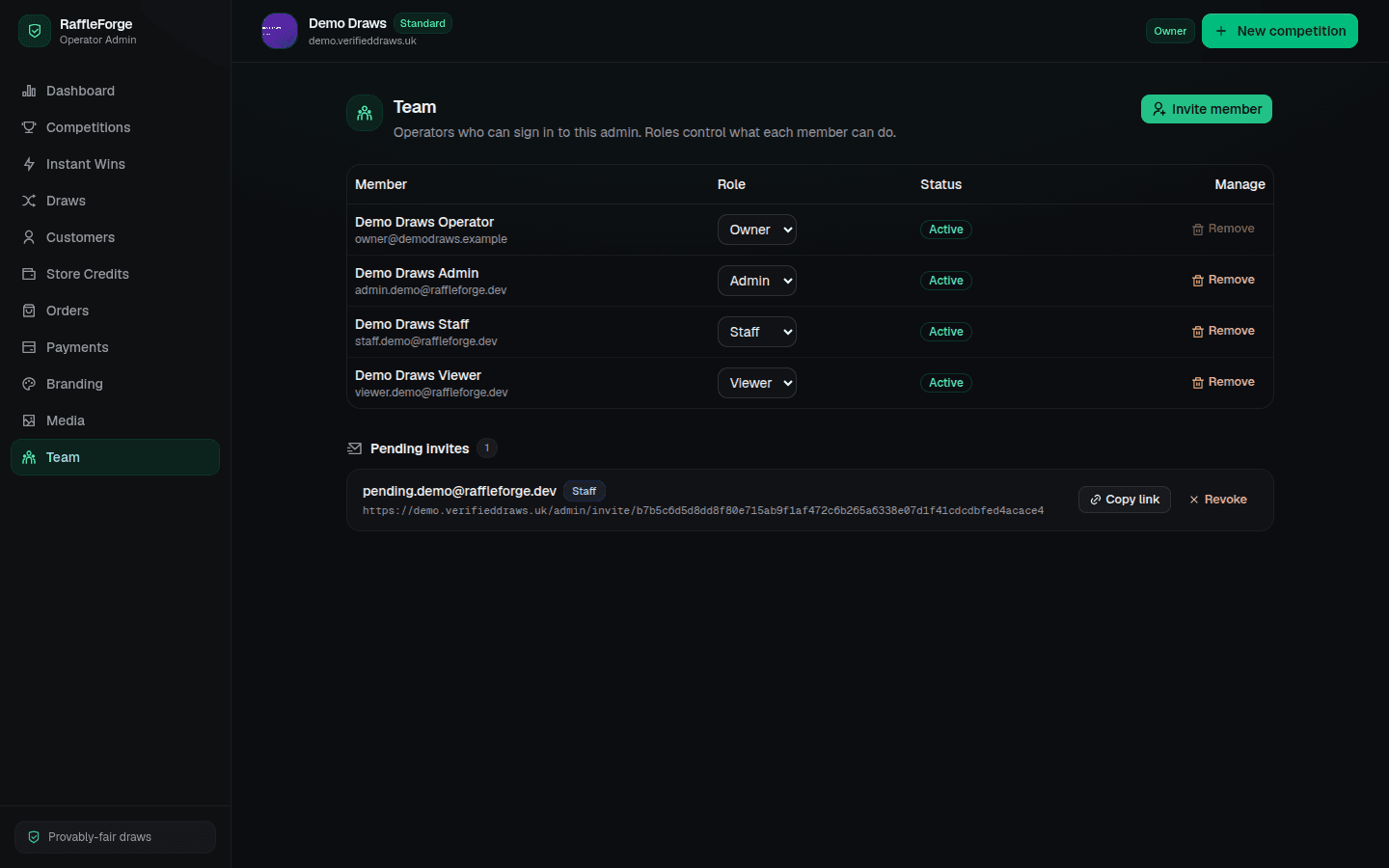 The team admin page showing owner, admin, staff and viewer roles, active members and a pending invite with a revoke option